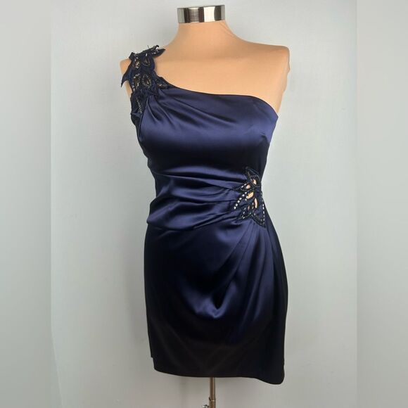 City Triangles Satin Navy Cocktail Dress One Shoulder Appliques Cutouts Sz 3 - Picture 1 of 15